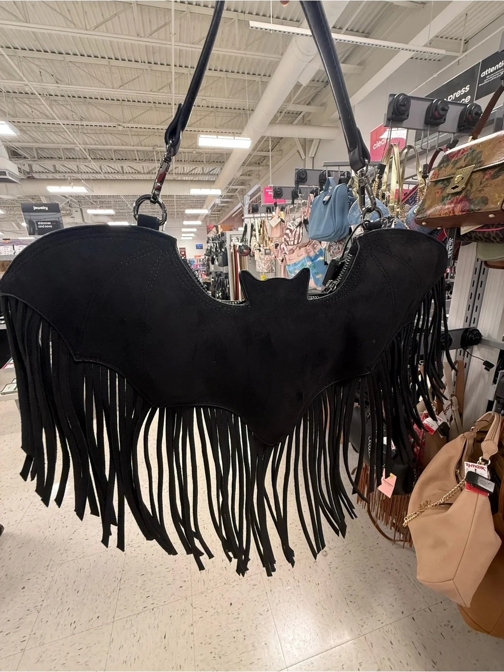 Betsey Johnson XOBLAIRE Black Bat Suede Fringe Shoulder Bag NWT